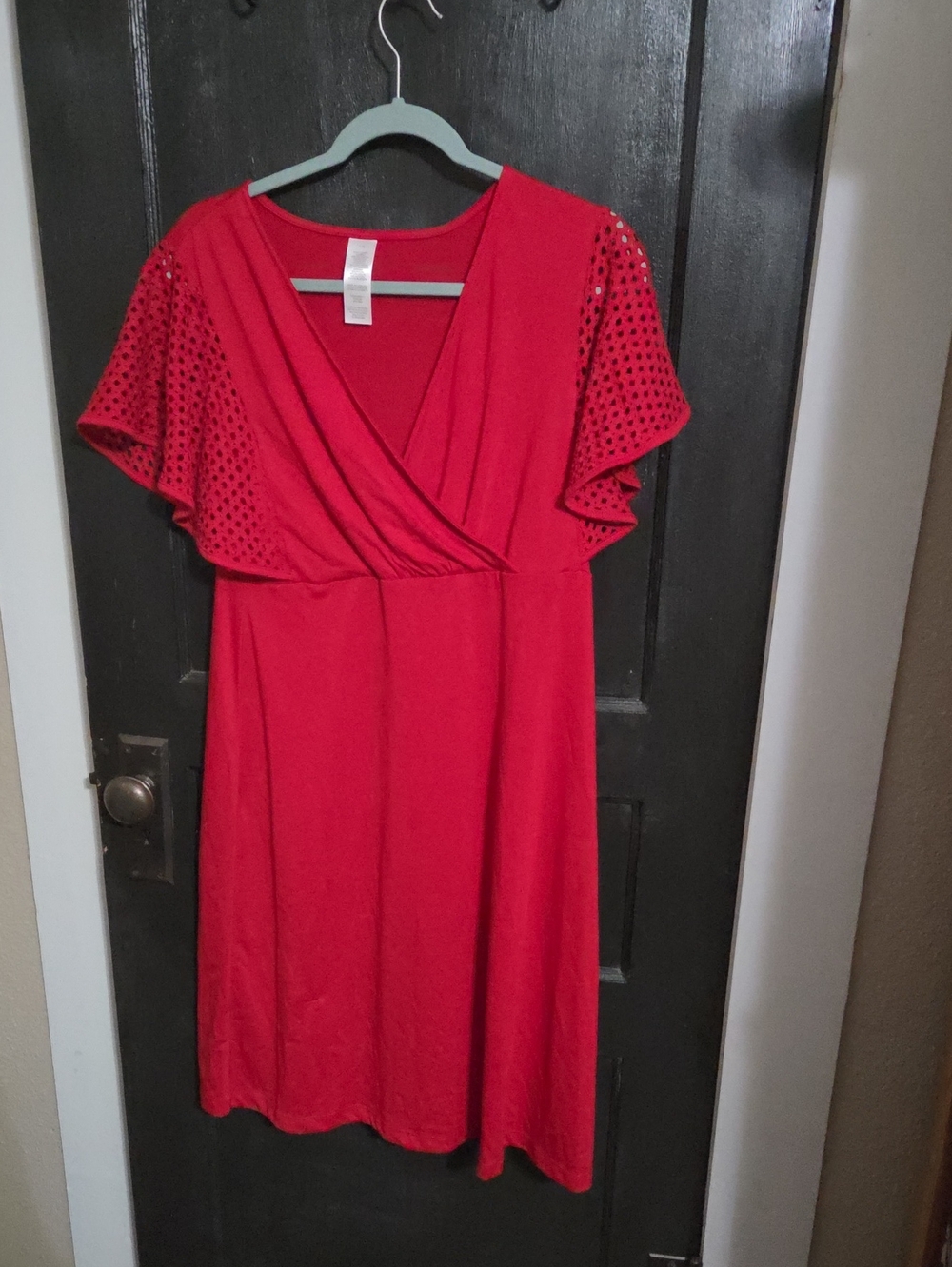 Women’s Red Wrap Front Midi Dress with Flutter Eyelet Sleeves